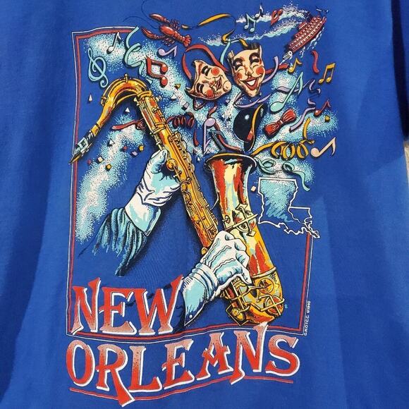 Vintage New Orleans T-Shirt Mens Large Blue Saxophone 90s Mardi Gras Streetwear - Picture 2 of 9
